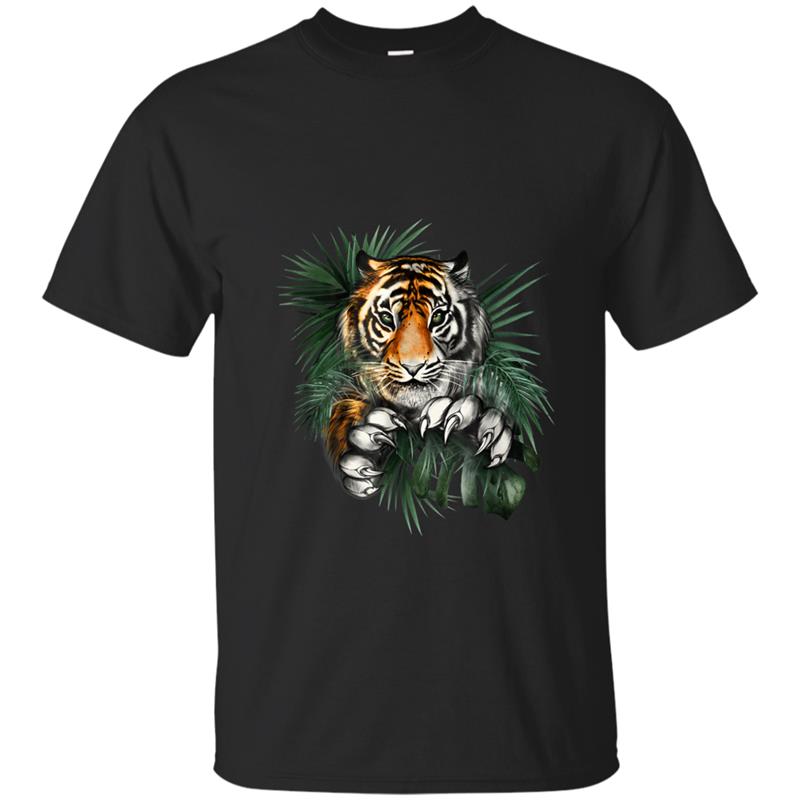 Fierce Jumping Tiger Jungle Leaves Graphic  Women Men T-shirt-mt