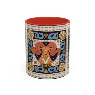 Red Aries Zodiac Ceramic Coffee Mug Stylized Ram Astrology Art Cup 11oz
