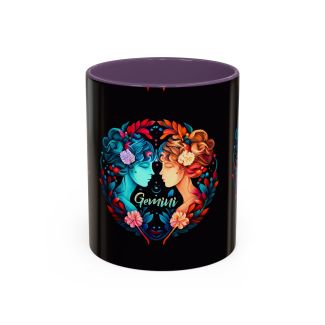Purple Gemini Zodiac Ceramic Coffee Mug Colorful Twin Faces Astrology Cup 11oz