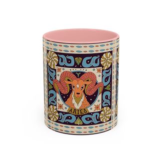 Pink Aries Zodiac Ceramic Coffee Mug Stylized Ram Astrology Art Cup 11oz