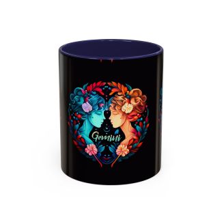 Navy Gemini Zodiac Ceramic Coffee Mug Colorful Twin Faces Astrology Cup 11oz