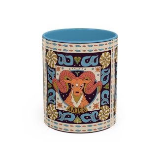 Light Blue Aries Zodiac Ceramic Coffee Mug Stylized Ram Astrology Art Cup 11oz