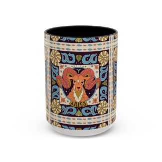 Black Aries Zodiac Ceramic Coffee Mug Stylized Ram Astrology Art Cup 15oz